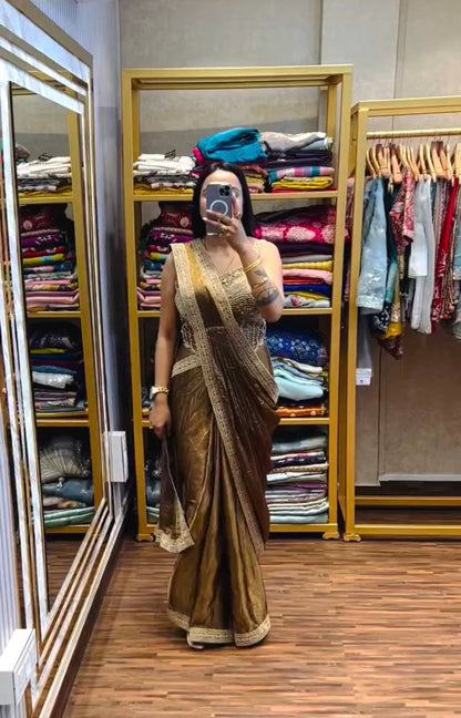 NEW SUPERHIT TRENDING READY TO WEAR SAREE WITH FULLY HAND WORK & EMBROIDERED STYLIST BLOUSE & ON  FANDY SATIN FABRIC