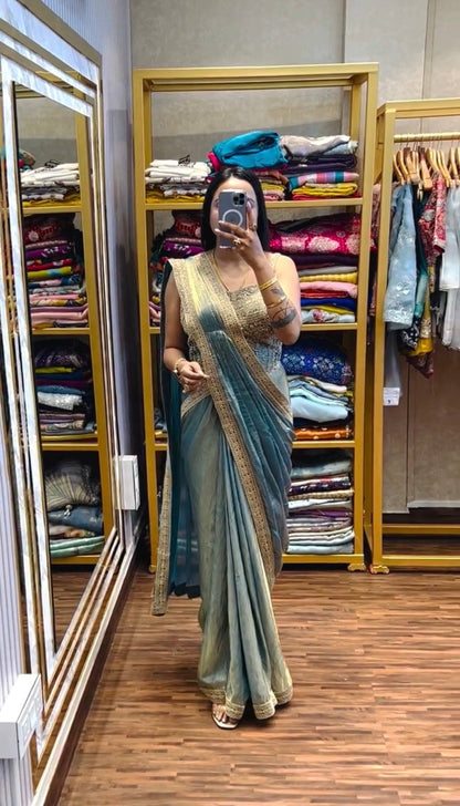 NEW SUPERHIT TRENDING READY TO WEAR SAREE WITH FULLY HAND WORK & EMBROIDERED STYLIST BLOUSE & ON  FANDY SATIN FABRIC