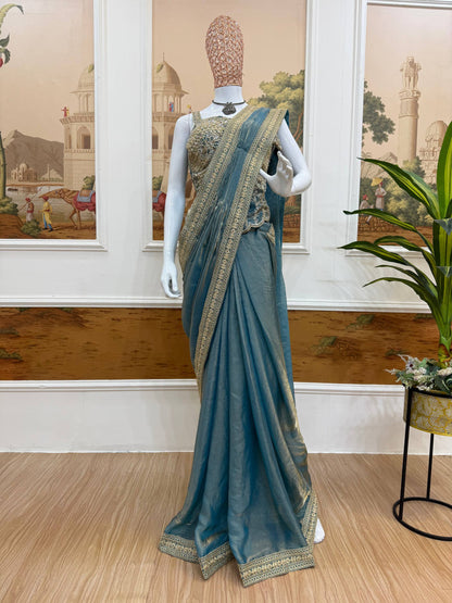 NEW SUPERHIT TRENDING READY TO WEAR SAREE WITH FULLY HAND WORK & EMBROIDERED STYLIST BLOUSE & ON  FANDY SATIN FABRIC