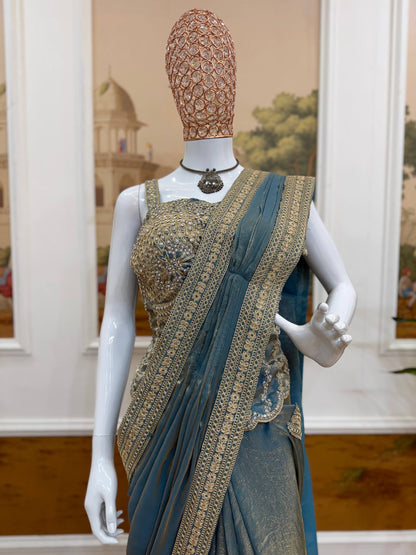 NEW SUPERHIT TRENDING READY TO WEAR SAREE WITH FULLY HAND WORK & EMBROIDERED STYLIST BLOUSE & ON  FANDY SATIN FABRIC