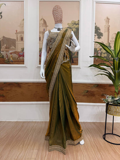 NEW SUPERHIT TRENDING READY TO WEAR SAREE WITH FULLY HAND WORK & EMBROIDERED STYLIST BLOUSE & ON  FANDY SATIN FABRIC