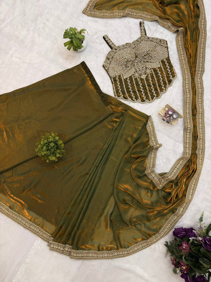 NEW SUPERHIT TRENDING READY TO WEAR SAREE WITH FULLY HAND WORK & EMBROIDERED STYLIST BLOUSE & ON  FANDY SATIN FABRIC