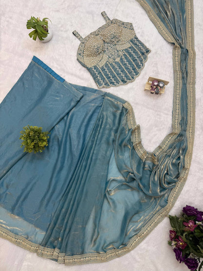 NEW SUPERHIT TRENDING READY TO WEAR SAREE WITH FULLY HAND WORK & EMBROIDERED STYLIST BLOUSE & ON  FANDY SATIN FABRIC