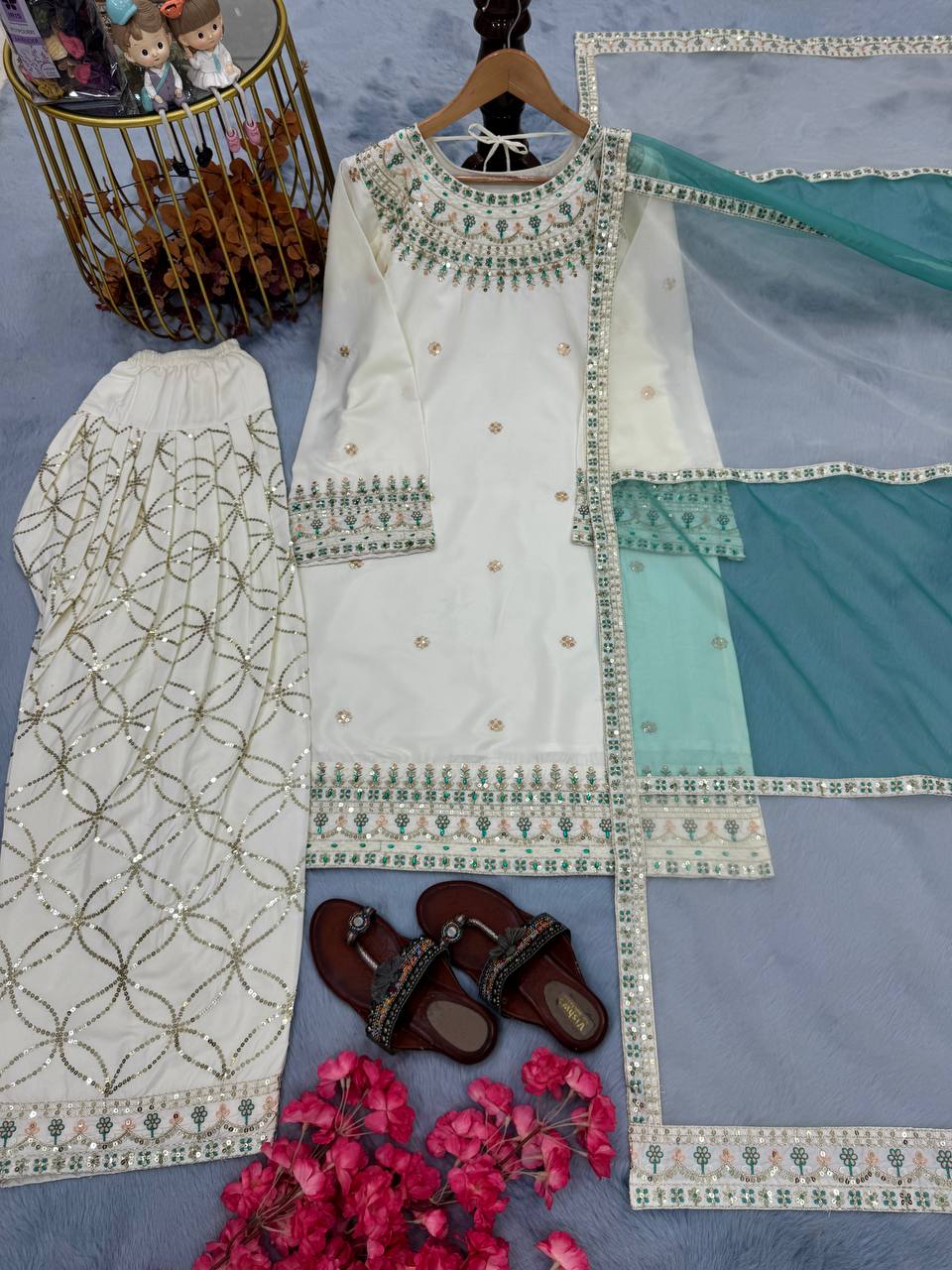 Đěsigner Party Wear Look Pur Natural Crepe Top & Farshi Palazzo With Dupatta set