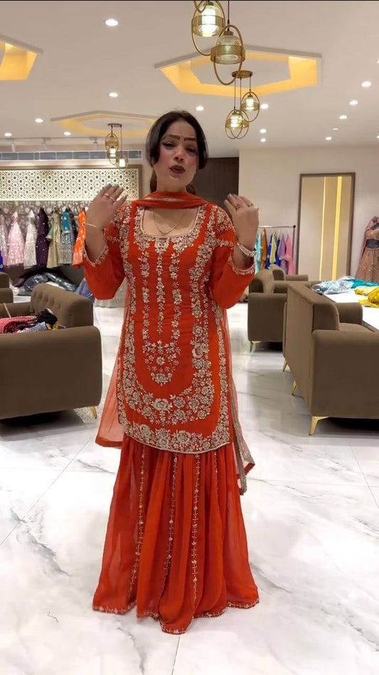 DESIGNER WEAR SARARA SUIT IN THREE PIECE WITH SEQUENCE EMBROIDERY WORK