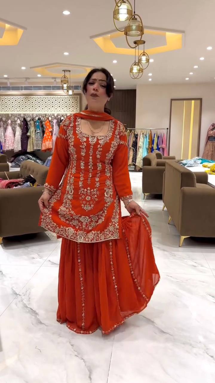 DESIGNER WEAR SARARA SUIT IN THREE PIECE WITH SEQUENCE EMBROIDERY WORK