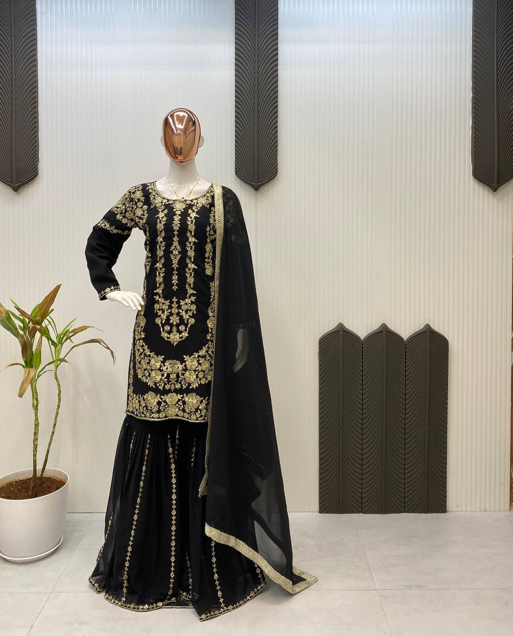 DESIGNER WEAR SARARA SUIT IN THREE PIECE WITH SEQUENCE EMBROIDERY WORK