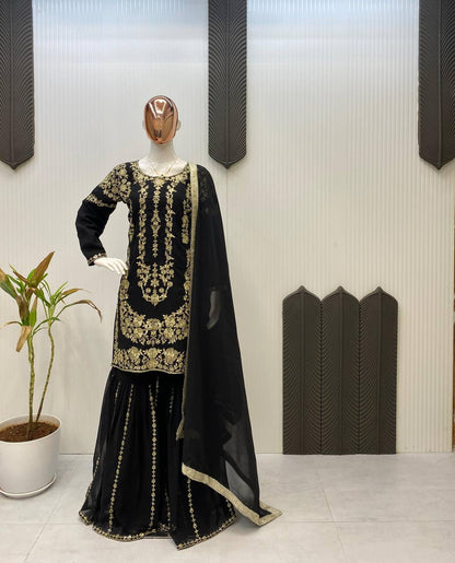 DESIGNER WEAR SARARA SUIT IN THREE PIECE WITH SEQUENCE EMBROIDERY WORK