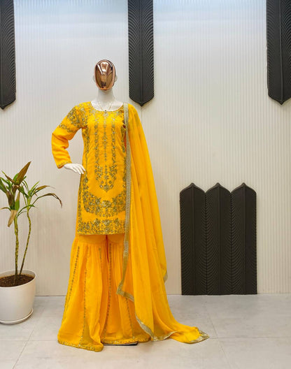 DESIGNER WEAR SARARA SUIT IN THREE PIECE WITH SEQUENCE EMBROIDERY WORK