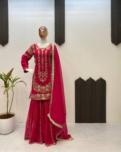 DESIGNER WEAR SARARA SUIT IN THREE PIECE WITH SEQUENCE EMBROIDERY WORK