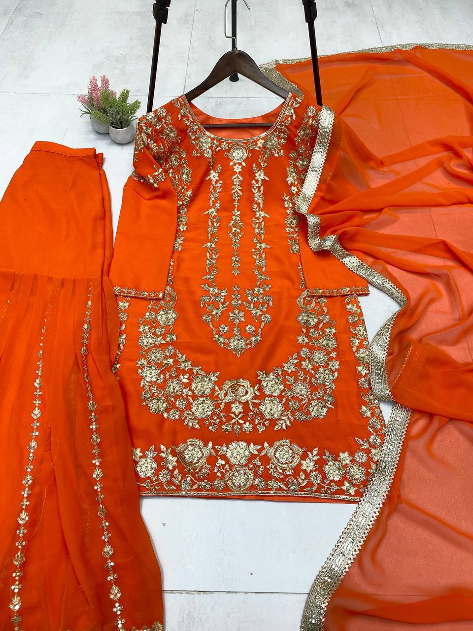DESIGNER WEAR SARARA SUIT IN THREE PIECE WITH SEQUENCE EMBROIDERY WORK