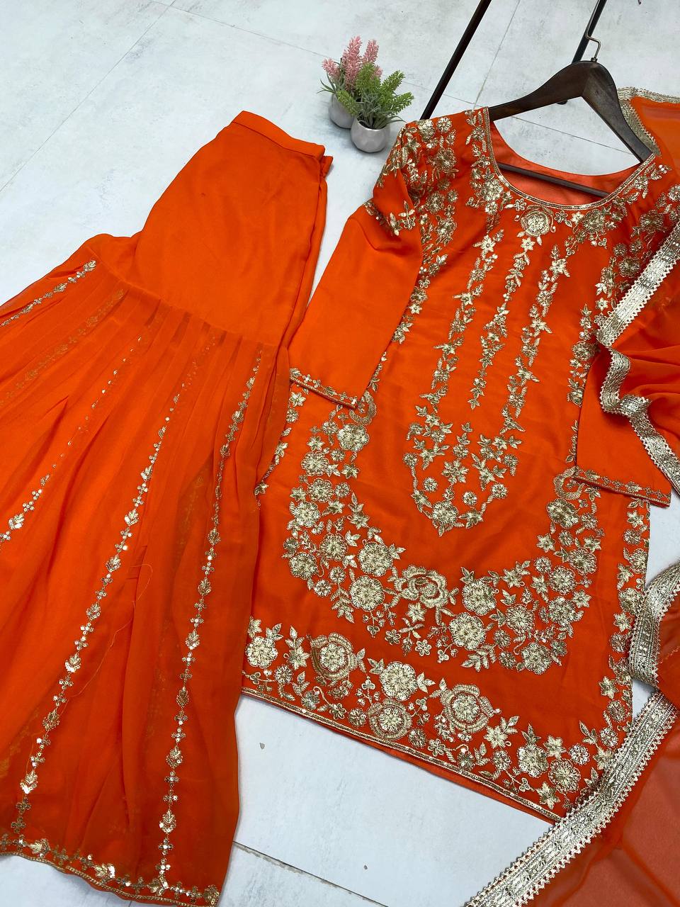 DESIGNER WEAR SARARA SUIT IN THREE PIECE WITH SEQUENCE EMBROIDERY WORK
