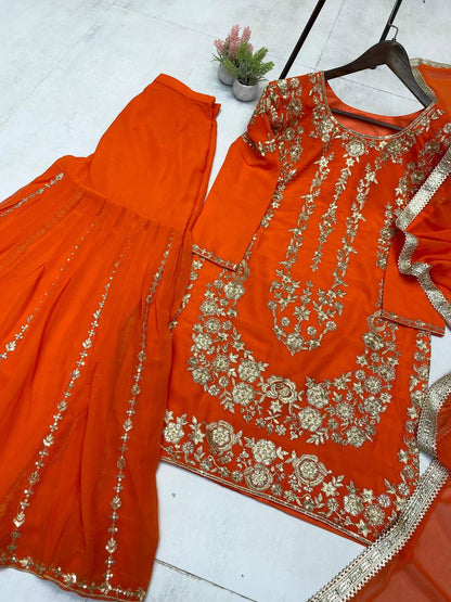 DESIGNER WEAR SARARA SUIT IN THREE PIECE WITH SEQUENCE EMBROIDERY WORK