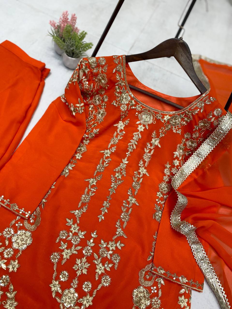 DESIGNER WEAR SARARA SUIT IN THREE PIECE WITH SEQUENCE EMBROIDERY WORK