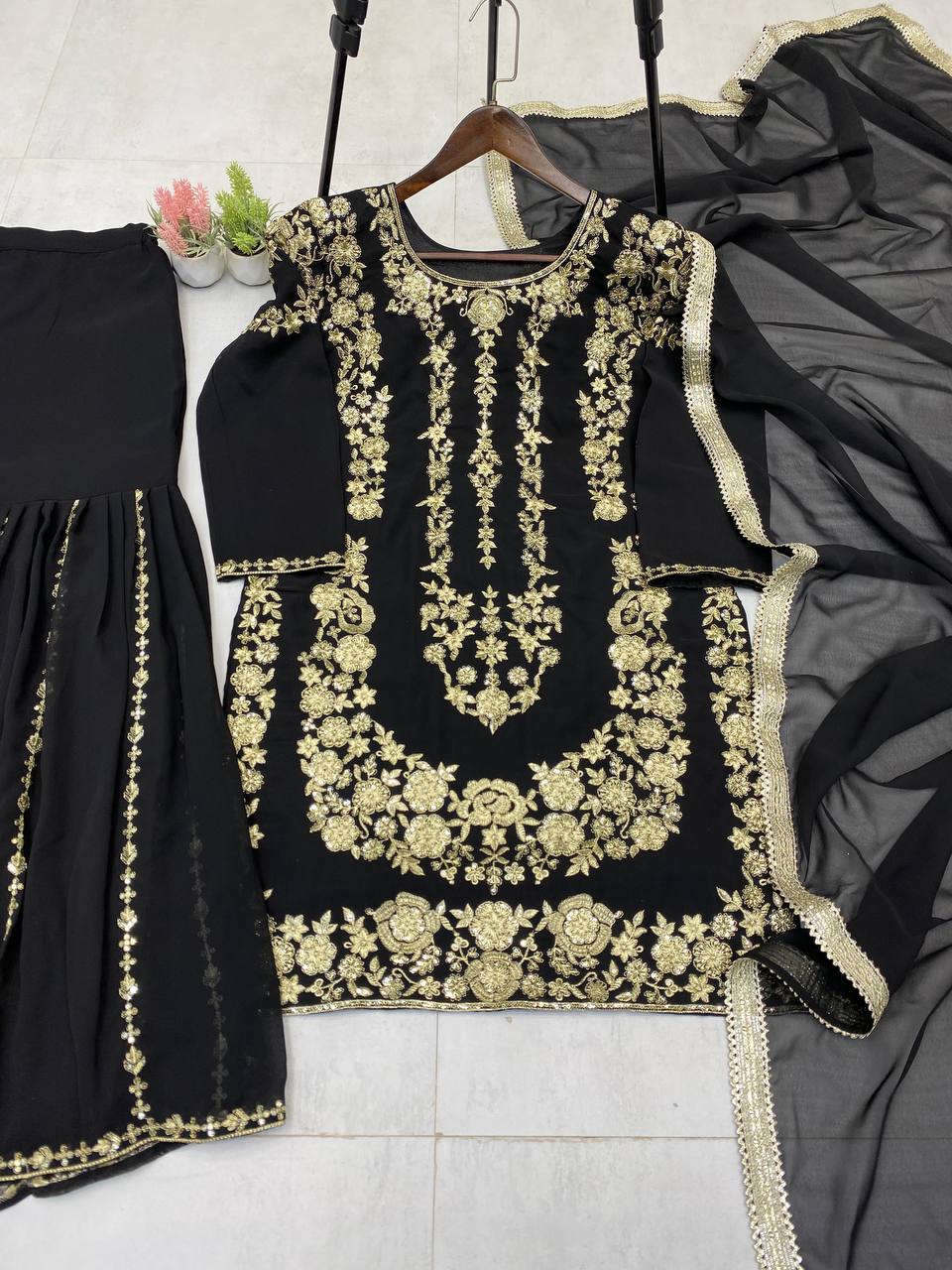 DESIGNER WEAR SARARA SUIT IN THREE PIECE WITH SEQUENCE EMBROIDERY WORK