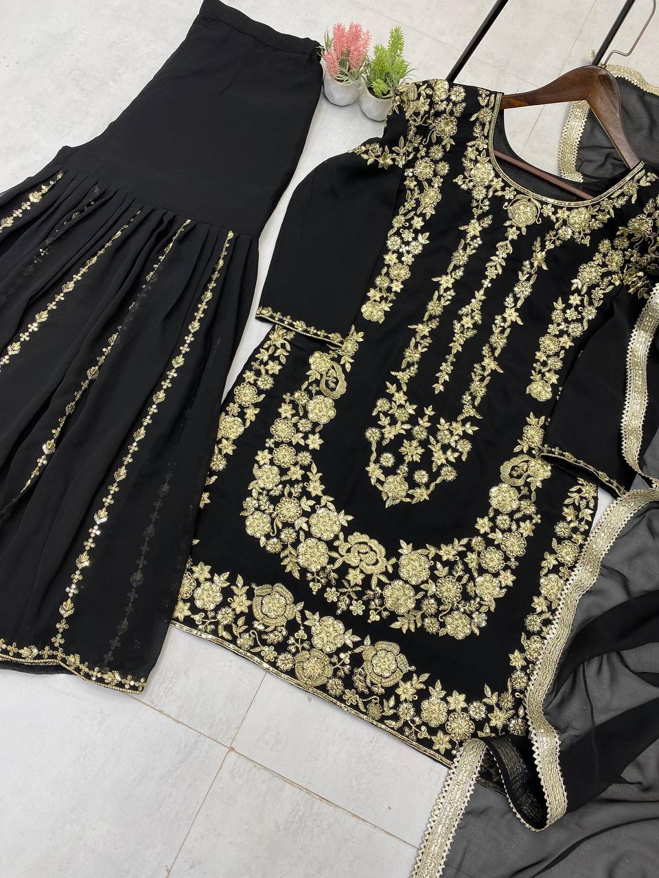 DESIGNER WEAR SARARA SUIT IN THREE PIECE WITH SEQUENCE EMBROIDERY WORK