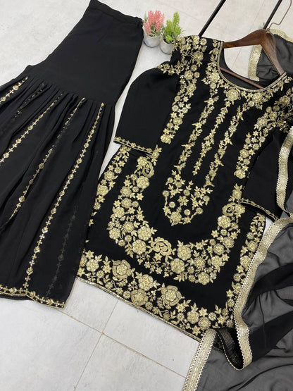 DESIGNER WEAR SARARA SUIT IN THREE PIECE WITH SEQUENCE EMBROIDERY WORK