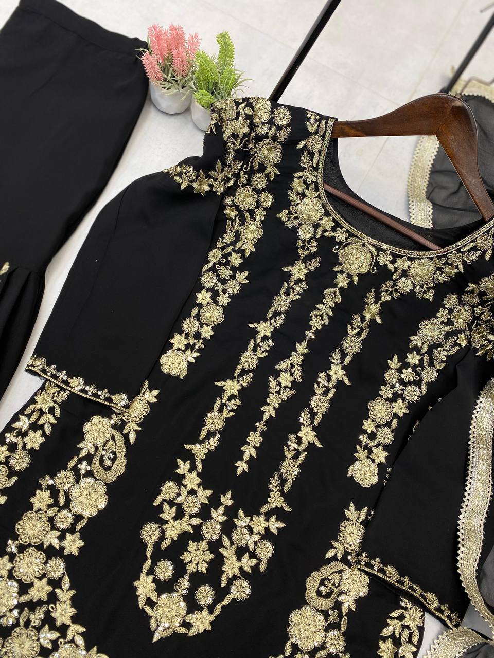 DESIGNER WEAR SARARA SUIT IN THREE PIECE WITH SEQUENCE EMBROIDERY WORK