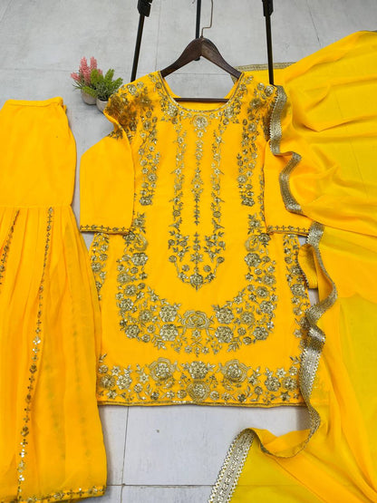 DESIGNER WEAR SARARA SUIT IN THREE PIECE WITH SEQUENCE EMBROIDERY WORK