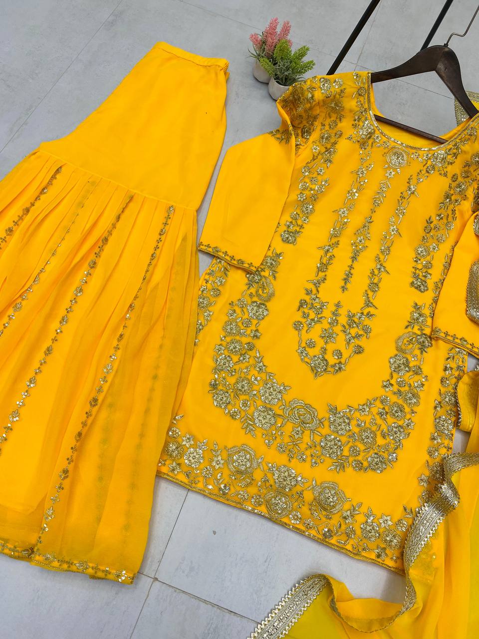 DESIGNER WEAR SARARA SUIT IN THREE PIECE WITH SEQUENCE EMBROIDERY WORK