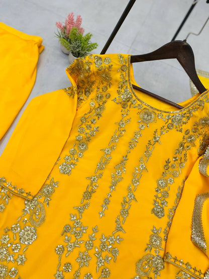 DESIGNER WEAR SARARA SUIT IN THREE PIECE WITH SEQUENCE EMBROIDERY WORK