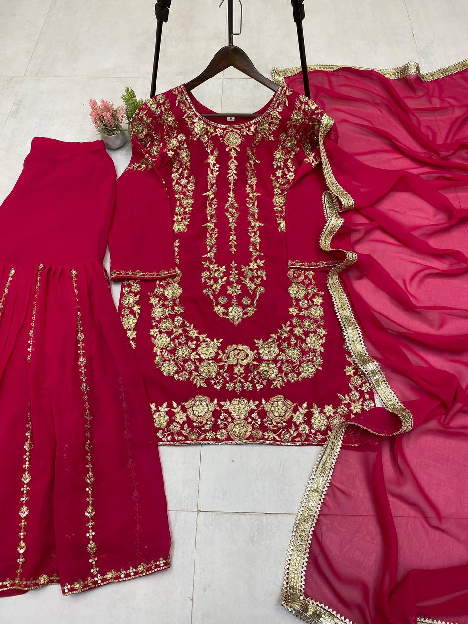 DESIGNER WEAR SARARA SUIT IN THREE PIECE WITH SEQUENCE EMBROIDERY WORK