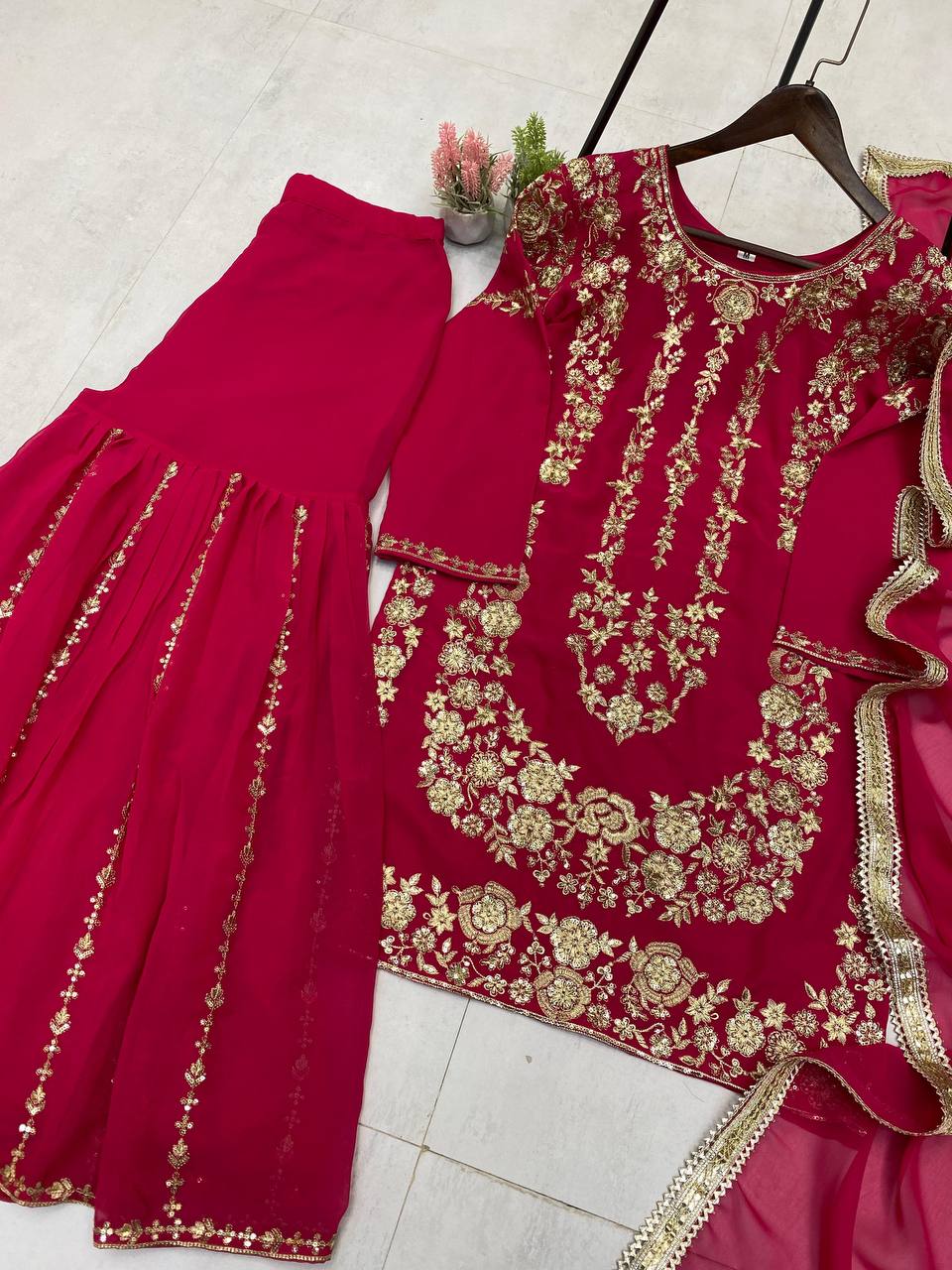 DESIGNER WEAR SARARA SUIT IN THREE PIECE WITH SEQUENCE EMBROIDERY WORK