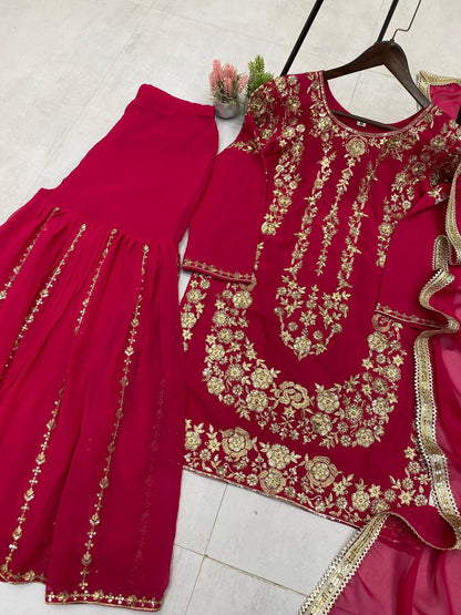 DESIGNER WEAR SARARA SUIT IN THREE PIECE WITH SEQUENCE EMBROIDERY WORK