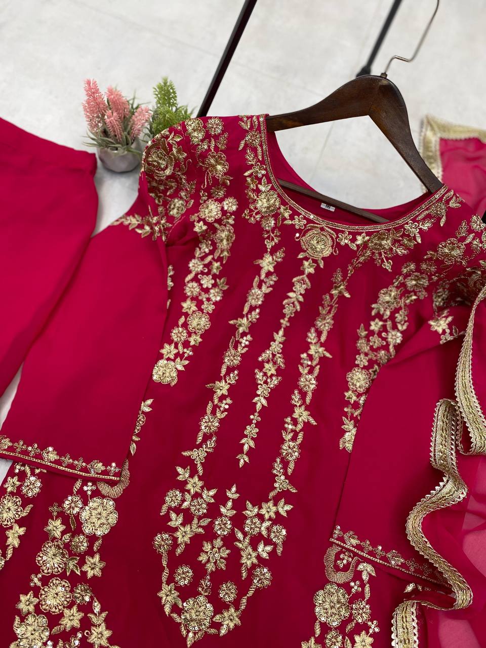 DESIGNER WEAR SARARA SUIT IN THREE PIECE WITH SEQUENCE EMBROIDERY WORK