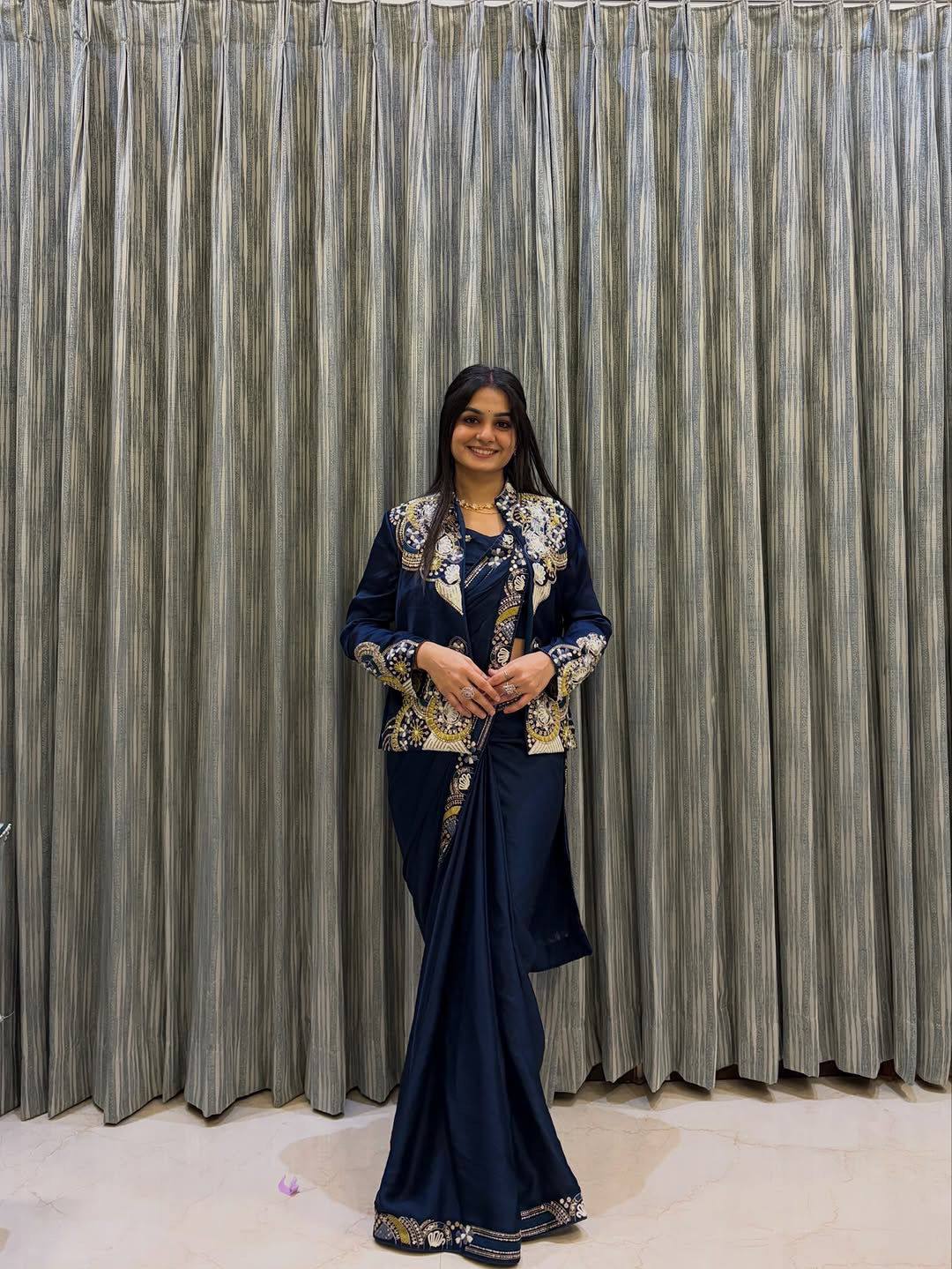 DESIGNER WEAR LAHENGA SAREE WITH LONG BLOUSE AND HEAVY EMBROIDERY WORK