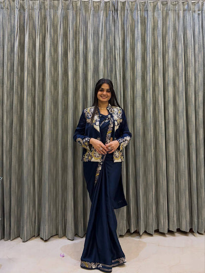 DESIGNER WEAR LAHENGA SAREE WITH LONG BLOUSE AND HEAVY EMBROIDERY WORK