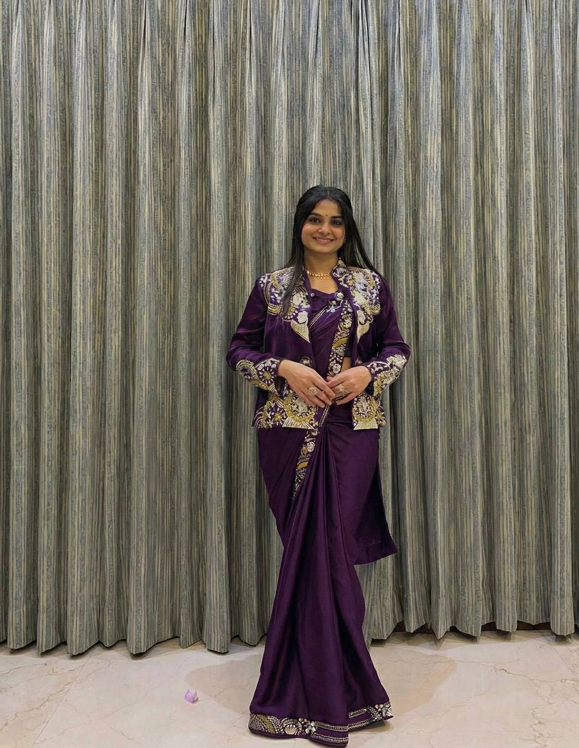 DESIGNER WEAR LAHENGA SAREE WITH LONG BLOUSE AND HEAVY EMBROIDERY WORK