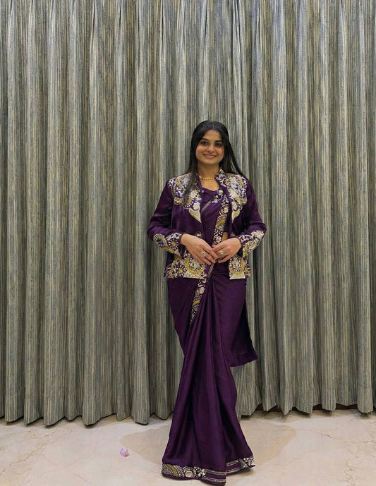 DESIGNER WEAR LAHENGA SAREE WITH LONG BLOUSE AND HEAVY EMBROIDERY WORK