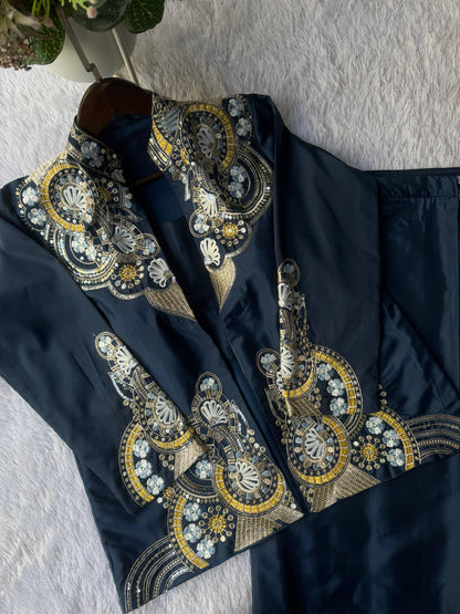DESIGNER WEAR LAHENGA SAREE WITH LONG BLOUSE AND HEAVY EMBROIDERY WORK