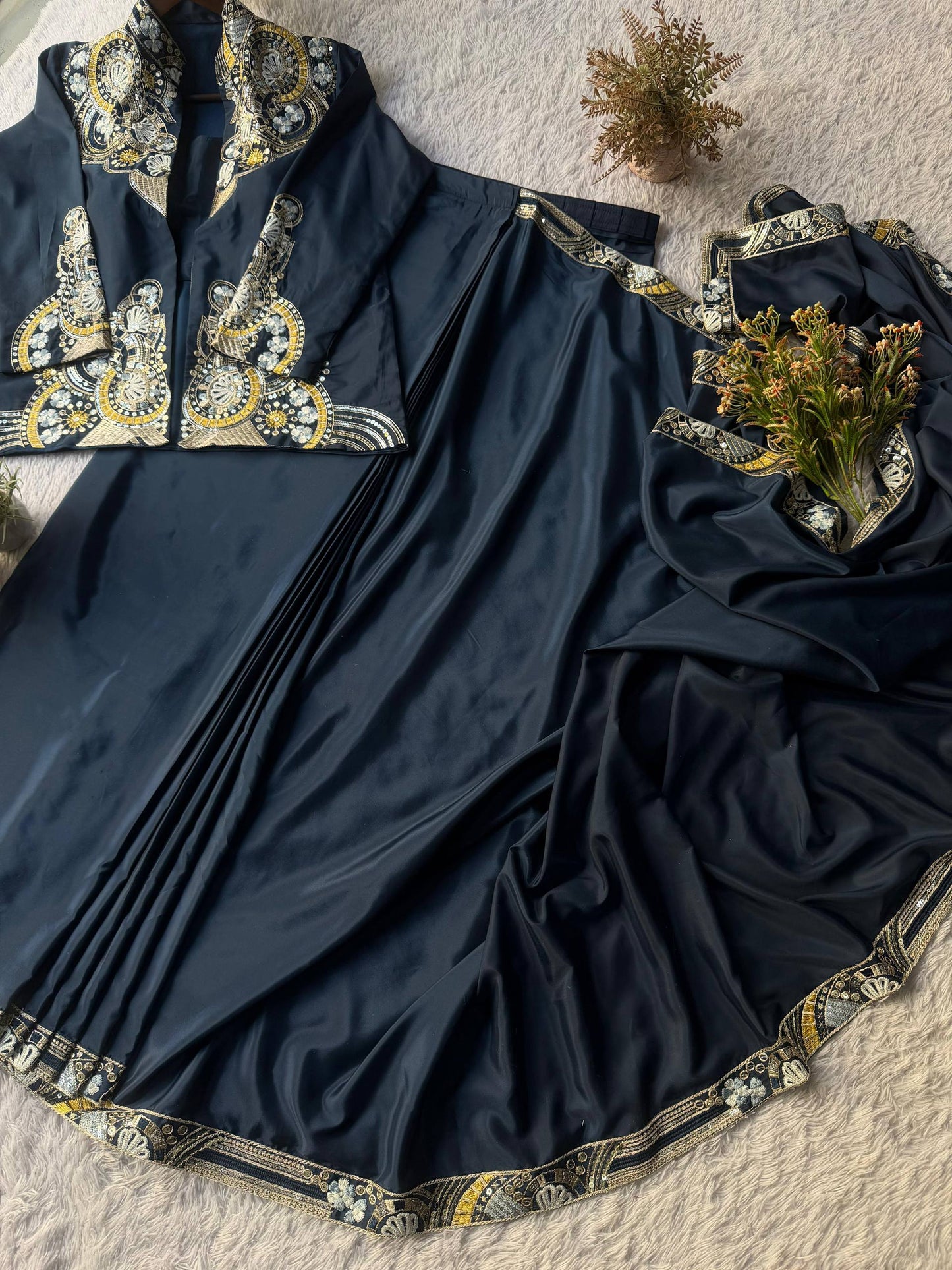 DESIGNER WEAR LAHENGA SAREE WITH LONG BLOUSE AND HEAVY EMBROIDERY WORK