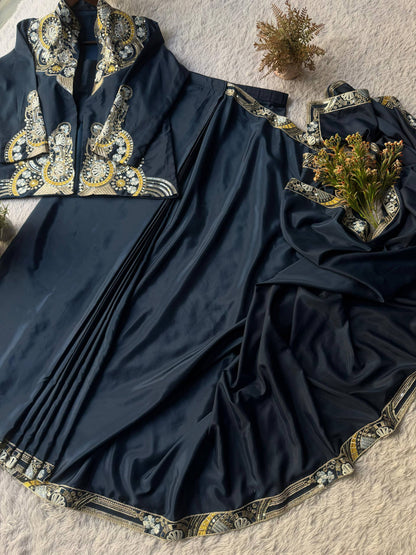DESIGNER WEAR LAHENGA SAREE WITH LONG BLOUSE AND HEAVY EMBROIDERY WORK