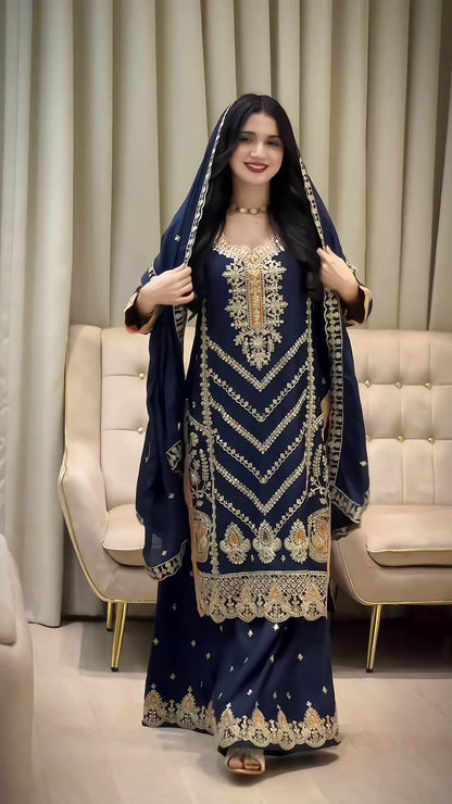 EID SPECIAL SEQUENCE EMBROIDERY ON SILK FABRIC TOP AND PLAZZO WITH DUPATTA