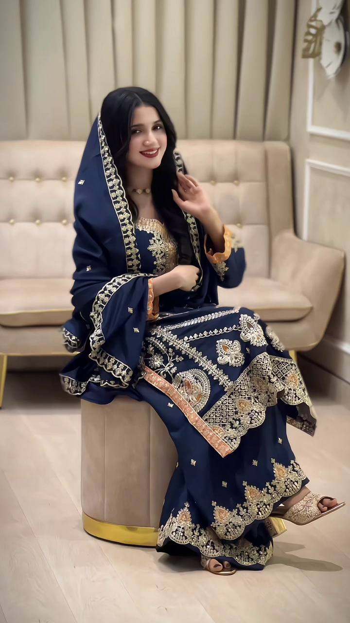 EID SPECIAL SEQUENCE EMBROIDERY ON SILK FABRIC TOP AND PLAZZO WITH DUPATTA