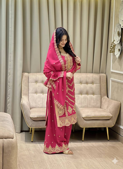 EID SPECIAL SEQUENCE EMBROIDERY ON SILK FABRIC TOP AND PLAZZO WITH DUPATTA
