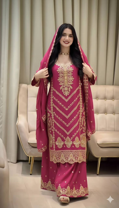 EID SPECIAL SEQUENCE EMBROIDERY ON SILK FABRIC TOP AND PLAZZO WITH DUPATTA