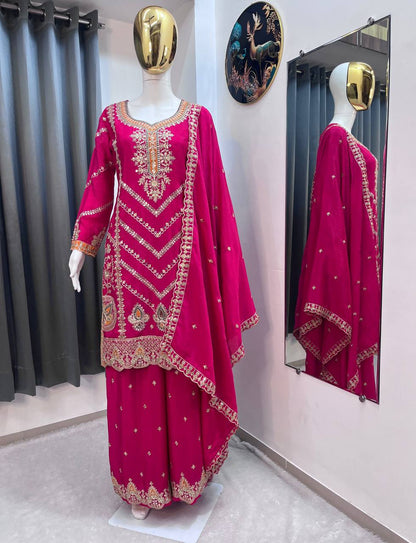 EID SPECIAL SEQUENCE EMBROIDERY ON SILK FABRIC TOP AND PLAZZO WITH DUPATTA
