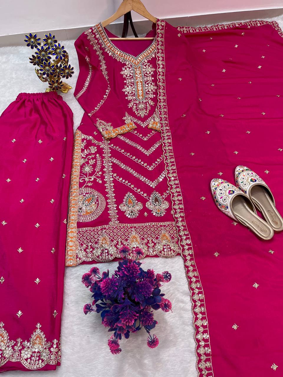 EID SPECIAL SEQUENCE EMBROIDERY ON SILK FABRIC TOP AND PLAZZO WITH DUPATTA