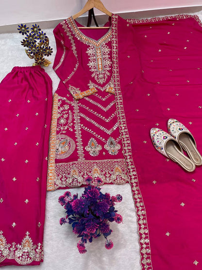 EID SPECIAL SEQUENCE EMBROIDERY ON SILK FABRIC TOP AND PLAZZO WITH DUPATTA