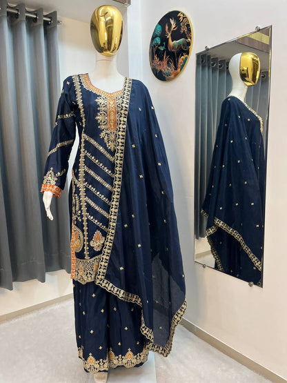 EID SPECIAL SEQUENCE EMBROIDERY ON SILK FABRIC TOP AND PLAZZO WITH DUPATTA