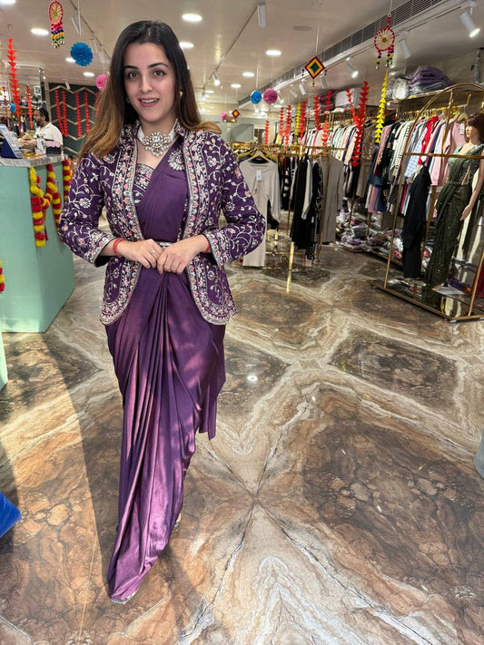 INDO-WESTERN READY TO WEAR SAREE WITH FULLY EMBROIDERED KOTI ON  RANGOLI FABRIC WITH STITCH BLOUSE