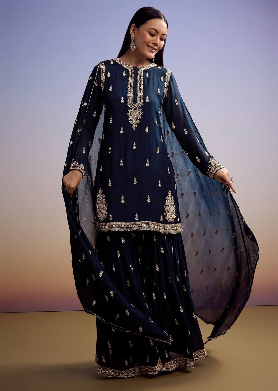 EXCLUSIVE AND TRENDY FOR WEDDING SEASON OUR CORDING WITH SEQUENCE EMBROIDERY WORKED TOP, PLAZZO AND DUPATTA IN ZIMMY CHOU