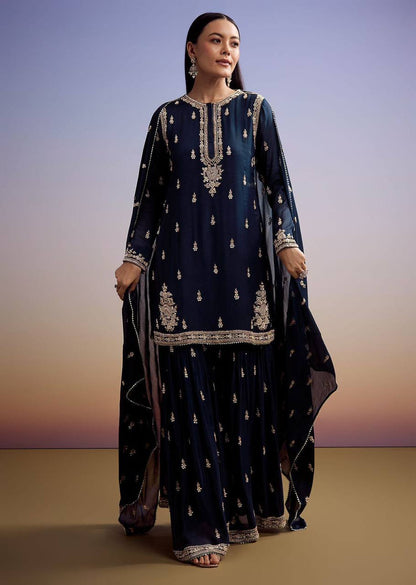 EXCLUSIVE AND TRENDY FOR WEDDING SEASON OUR CORDING WITH SEQUENCE EMBROIDERY WORKED TOP, PLAZZO AND DUPATTA IN ZIMMY CHOU