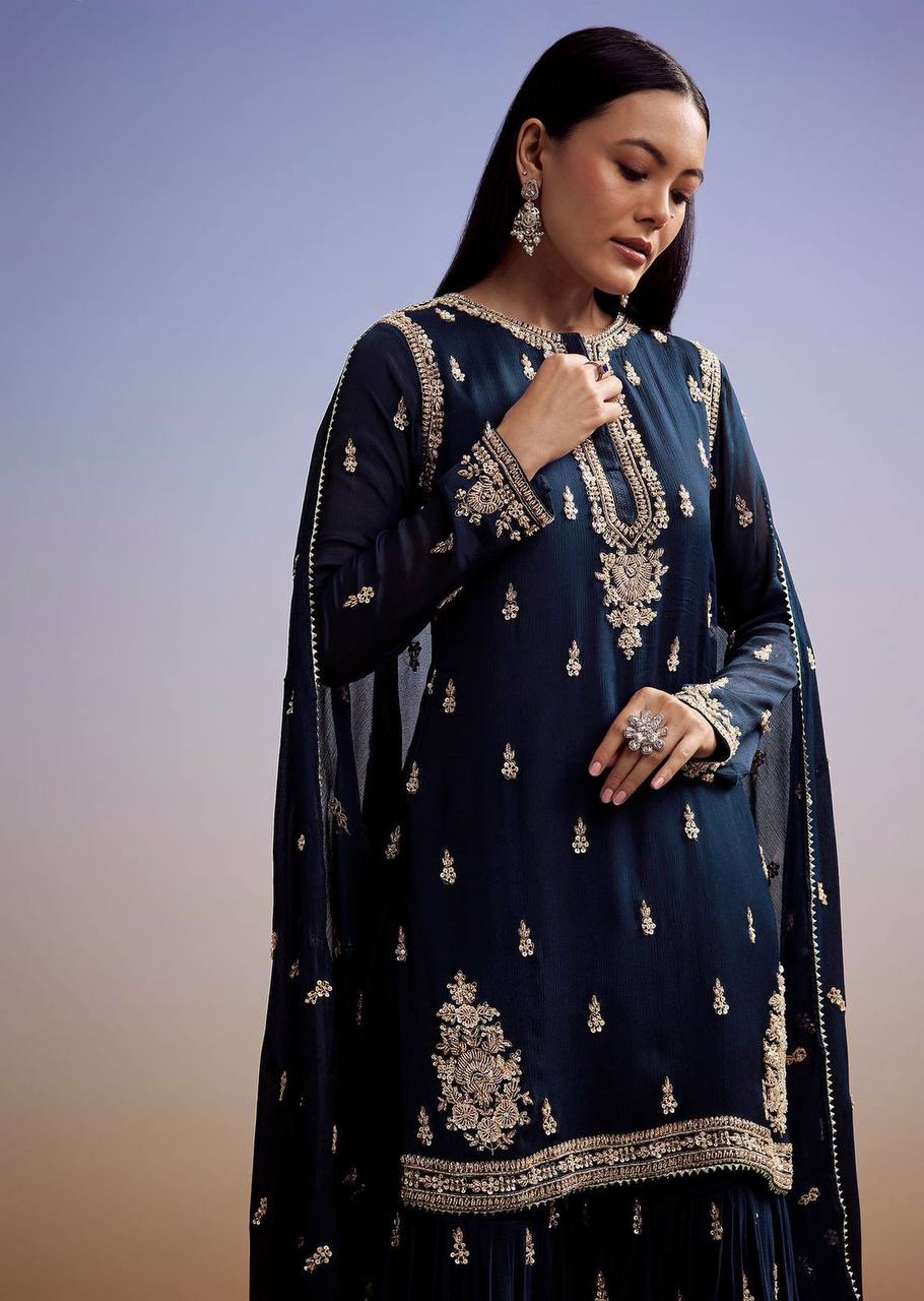 EXCLUSIVE AND TRENDY FOR WEDDING SEASON OUR CORDING WITH SEQUENCE EMBROIDERY WORKED TOP, PLAZZO AND DUPATTA IN ZIMMY CHOU