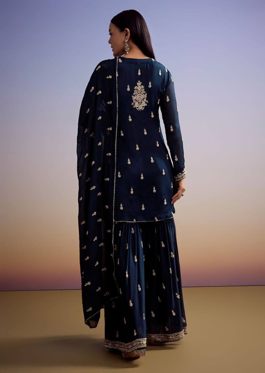 EXCLUSIVE AND TRENDY FOR WEDDING SEASON OUR CORDING WITH SEQUENCE EMBROIDERY WORKED TOP, PLAZZO AND DUPATTA IN ZIMMY CHOU