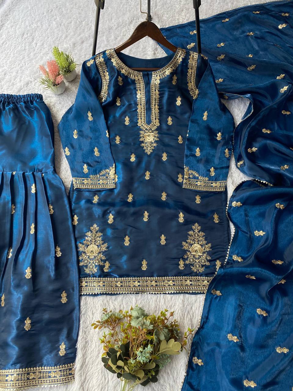 EXCLUSIVE AND TRENDY FOR WEDDING SEASON OUR CORDING WITH SEQUENCE EMBROIDERY WORKED TOP, PLAZZO AND DUPATTA IN ZIMMY CHOU